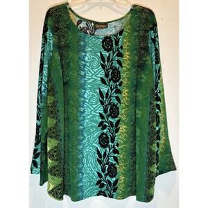 Bob Mackie Green Floral Stretchy Blouse Lon Sleeves Size 3X